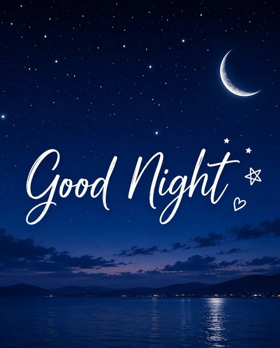 A nighttime seascape greeting card featuring a crescent moon, scattered stars, and decorative stars and a heart, with 'Good Night' written in elegant white script over a dark blue sky and calm water.
