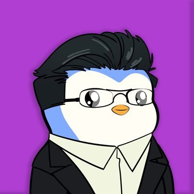 A digital illustration shows an anthropomorphic penguin character with black hair and glasses, dressed in a suit against a solid purple background.