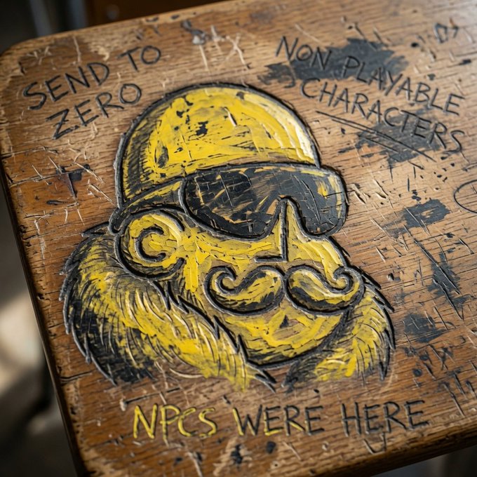 A wooden sign with a hand-drawn yellow illustration of a bearded man wearing goggles and a cap, with handwritten text reading 'SEND TO ZERO', 'NON-PLAYABLE CHARACTERS', and 'NPCS WERE HERE'.