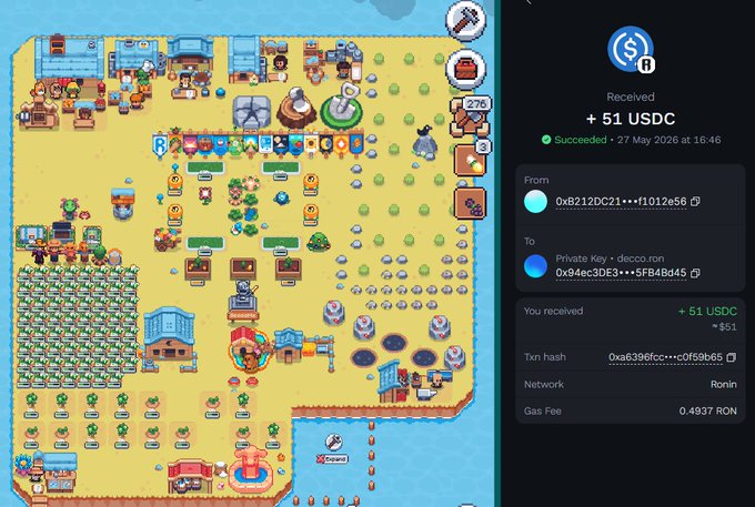 A screenshot of a computer screen displaying an online map of a virtual town called "Sunflower Farm" with different landmarks, such as buildings, trees, boats, and a bridge. The main focus is on a farm within the game that has just been acquired for $51 USDC. There are also two people featured in this map; one person is located at the bottom left corner of the screen, while another person is placed near the top right corner. The text at the top and bottom of the screen reads: "Thank you @Moku_HQ! Time to invest in my farm @0xSunflowerLand #SunflowerLandfarm".