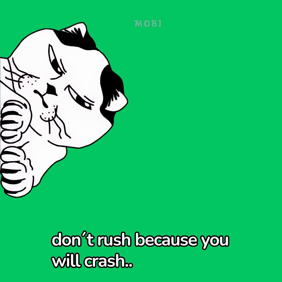 A simple cartoon illustration of a black and white cat with a sad, downward-looking expression on a solid green background, with the text 'don't rush because you will crash..' at the bottom.