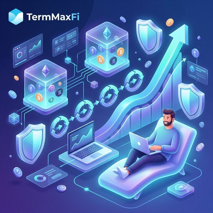 The image is a promotional graphic for TermMaxFi, featuring the brand's logo at the top left, depicting a relaxed man on a couch using a laptop while an upward-trending arrow, cryptocurrency symbols (including Ethereum and Bitcoin), security shields, and interconnected data cubes float around him in a futuristic blue-themed scene. It visually reinforces the post's message about TermMaxFi's fixed-rate lending and borrowing platform, which is secure, growing, and operates across multiple chains like Ethereum and Base.