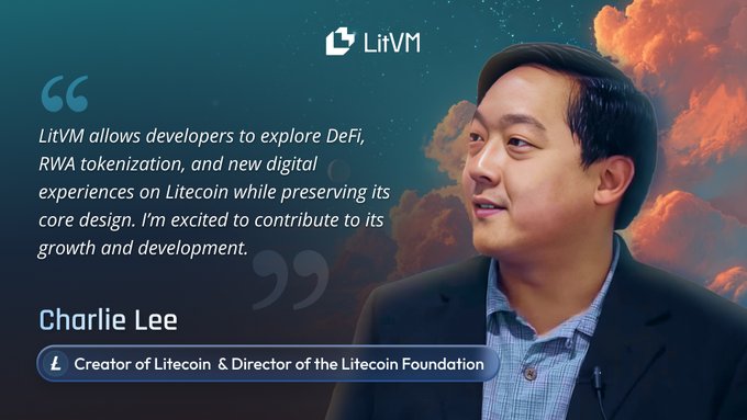 Charlie Lee, Creator of Litecoin, endorses LitVM for enabling DeFi and RWA tokenization on Litecoin while preserving its core design, visually tied to the post's announcement of Litecoin's programmable evolution.