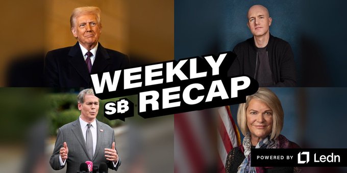 A thumbnail titled 'WEEKLY SB RECAP' featuring photos of Donald Trump, Mark Zuckerberg, Texas Governor Greg Abbott, and a woman, sponsored by Ledn.