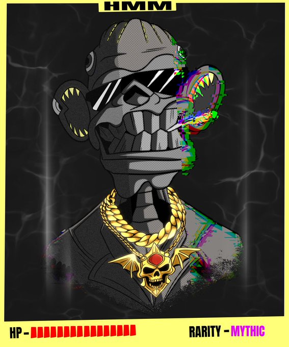 A stylized digital artwork of a robotic skull wearing sunglasses and a gold skull pendant, labeled 'HMM' at the top with 'HP' and 'RARITY - MYTHIC' at the bottom.