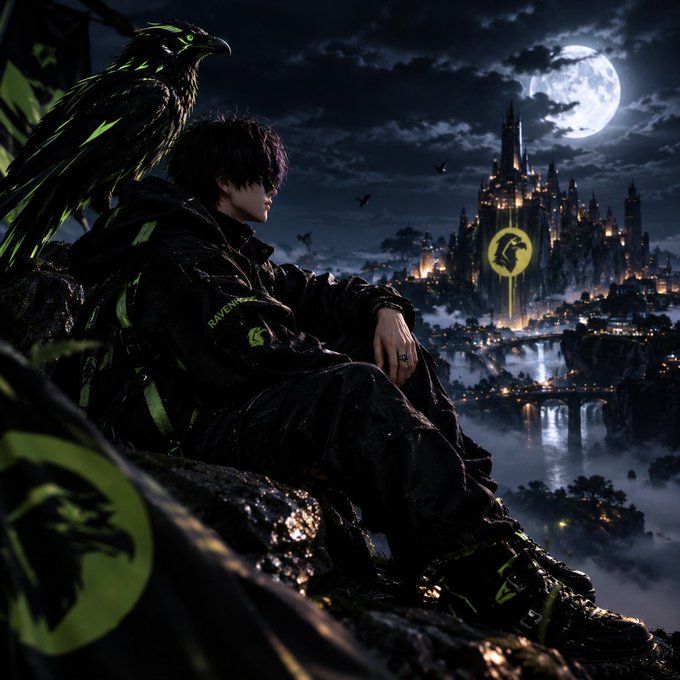 A dark fantasy digital illustration of a character with dark hair and a raven perched on his shoulder, overlooking a glowing castle and city under a full moon, with the word "RAVEN" visible on his jacket.