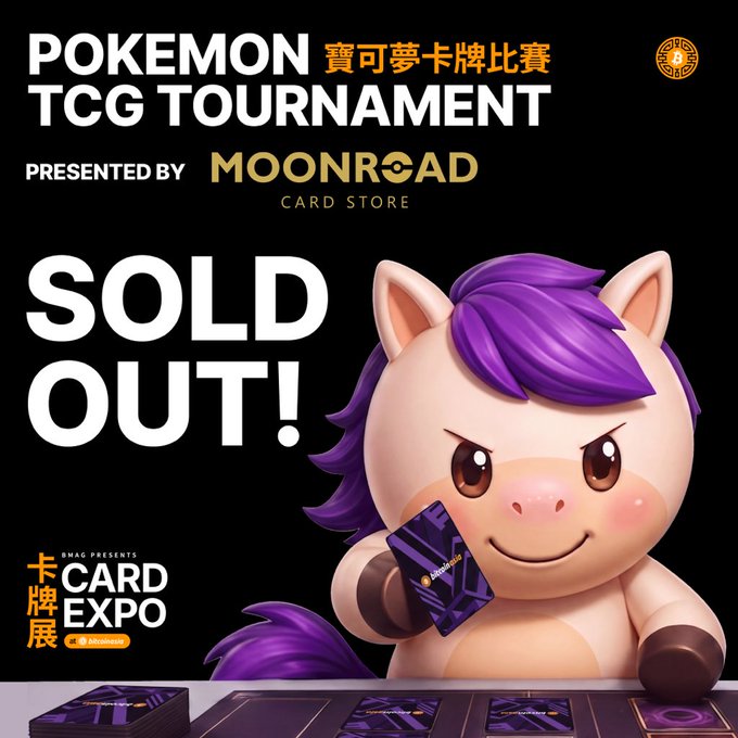 A promotional image for a 'SOLD OUT!' Pokemon TCG Tournament presented by Moonroad Card Store, featuring a purple-haired Pokemon character holding a card, with logos for bKAG and Card Expo Asia.