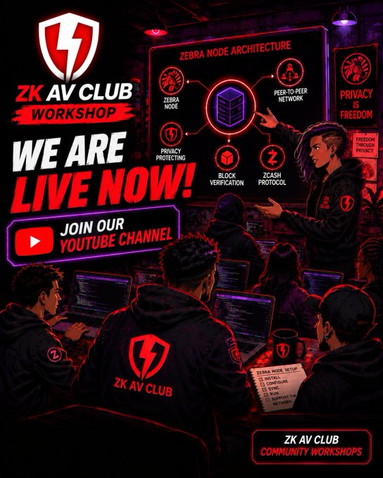 A promotional graphic for 'ZK AV CLUB WORKSHOP' displays a 'WE ARE LIVE NOW!' announcement, showing an illustrated group of hackers learning about 'ZEBRA NODE ARCHITECTURE' with a 'JOIN OUR YOUTUBE CHANNEL' button.
