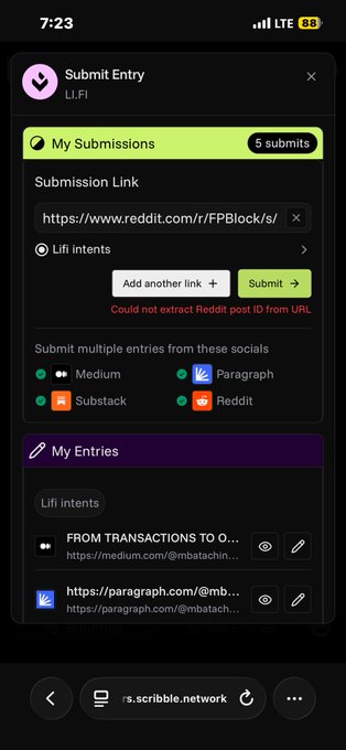 The image shows a phone screen displaying a list of requirements for entering a bounty entry. The user has completed all the requirements but is facing difficulties with one specific aspect - they are trying to submit their LI.FI Intents bounty entry, but they are encountering an issue with the submission link provided by the platform.
