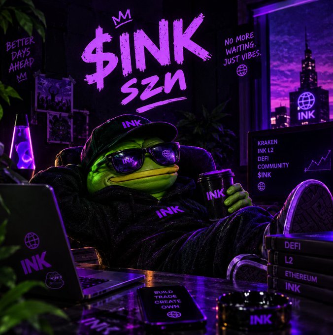 Promotional image for Ink (INK) cryptocurrency featuring a frog character wearing sunglasses and 'INK' branded clothing, lounging with '$INK SZN' graffiti in the background and references to Kraken, Ink L2, DeFi, and Ethereum on a monitor.