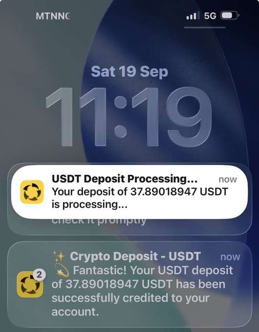 An iPhone lock screen displays the time 11:19 on Saturday, Sep 19, showing two notifications from MTNN about a USDT crypto deposit of 37.89018947 being processed and successfully credited to the account. The notifications appear to be from a fake or fraudulent app claiming to credit USDT deposits, which contradicts the post's claim of winning rewards from a legitimate STONK mindshare campaign by @KnotsOnStonk.