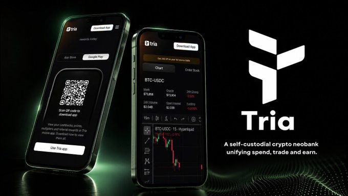 The image features two cell phones placed side by side against a black background with white text. The phones are displaying information about a cryptocurrency called Tria, which appears to be a wallet app designed for Bitcoin transactions. The text on the phones reads "Gn gtria the gap between crypto and traditional payments has been closed not theoretically, but practically tria' s visa card is live, and it supports over 1,000 coins spendable anywhere visa is accepted." This suggests that the Tria wallet allows users to send Bitcoin transactions using their credit cards or other forms of payment.