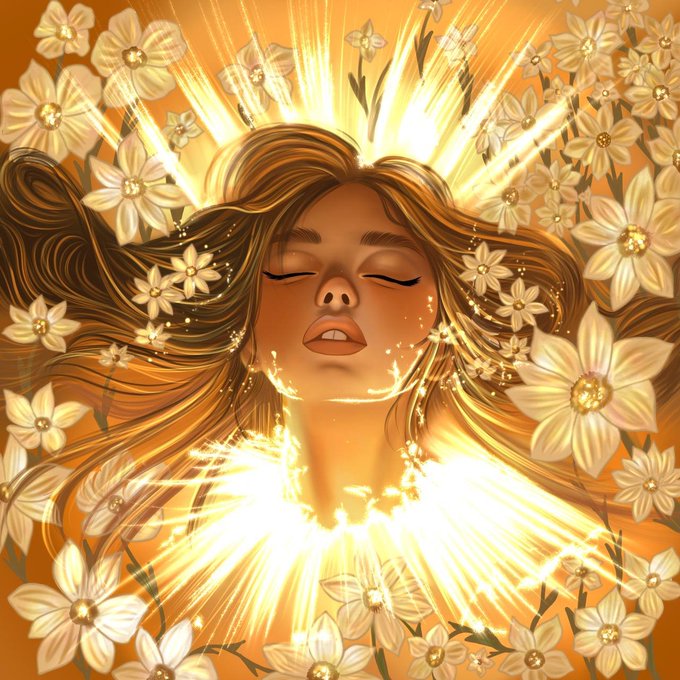 A digital artwork of a woman with closed eyes surrounded by glowing light rays and white flowers with golden centers against an orange background.
