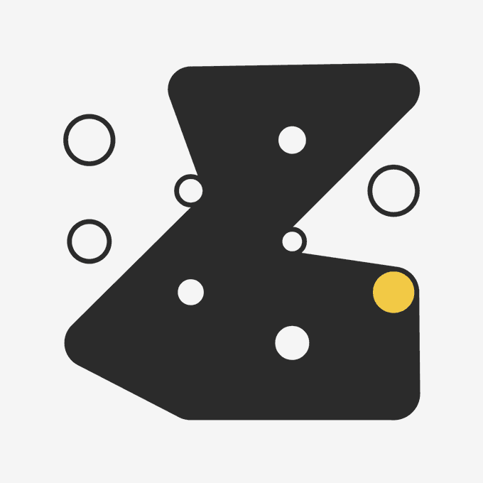 A minimalist graphic design features a stylized black 'Z' shape with white circles and a single yellow circle on a white background.