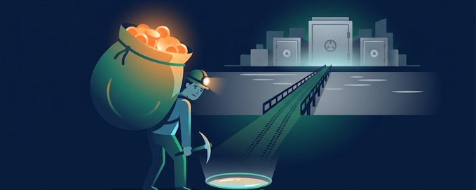 An illustration of a miner with a headlamp carrying a large sack of gold coins on their back, using a pickaxe to dig for treasure on a path leading to glowing vault doors.