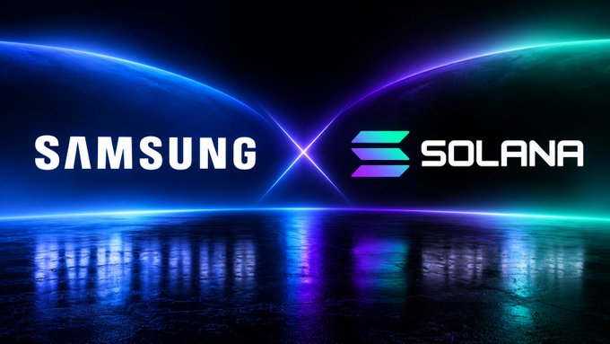 Promotional graphic displaying the 'SAMSUNG' and 'SOLANA' logos side by side with neon light trails, suggesting a partnership or collaboration.