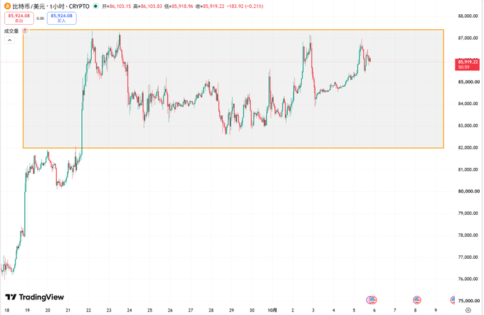 A TradingView chart showing Bitcoin (BTC) price action in 1-hour timeframe, with key levels marked including 85,924.08 and 85,919.22, displayed in Chinese.