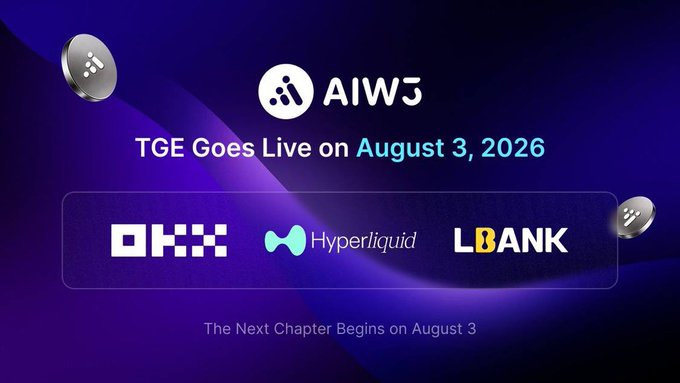 A promotional graphic for AIW3 announces that its TGE goes live on August 3, 2026, featuring logos of partner platforms OKX, Hyperliquid, and LBank, with the tagline "The Next Chapter Begins on August 3." The image aligns with the announcement of the $AIW3 token's launch and listing across these major trading platforms.

Correction: The caption states August 3, 2026, but based on the post's context describing the TGE as already complete and the token live and trading, the date likely should be August 3, 2025.