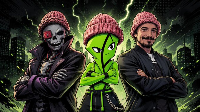 A stylized digital illustration features three figures wearing pink beanies against a dark cityscape with green lightning: a skeletal character with an "X" over one eye in a leather jacket, a green cartoonish humanoid in the center, and a bearded man in dark clothing, all standing with crossed arms.