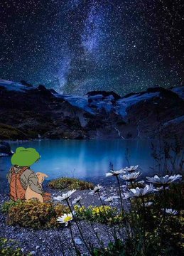 A pixel art Pepe the Frog character wearing a backpack sits beside a lake, gazing up at a starry night sky with the Milky Way visible above mountains.