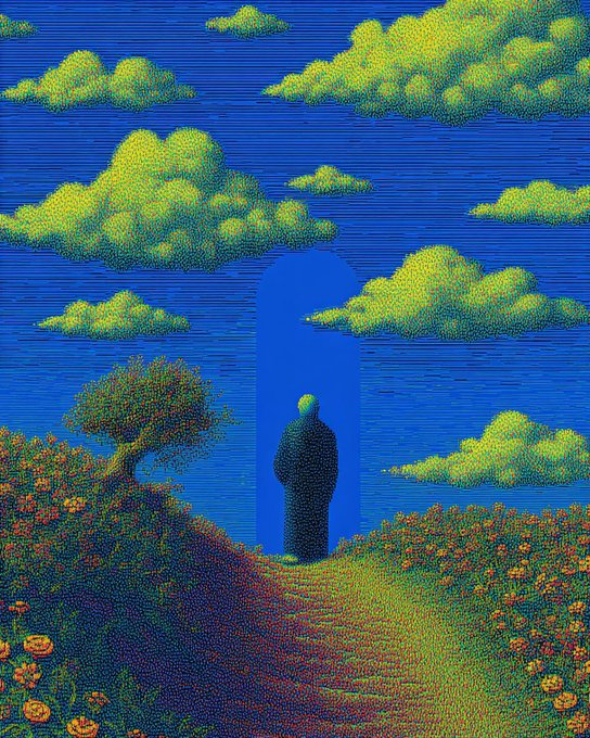 A pointillism-style surreal landscape featuring a cloaked figure standing on a flower-covered hillside beneath a sky filled with dotted green and yellow clouds.