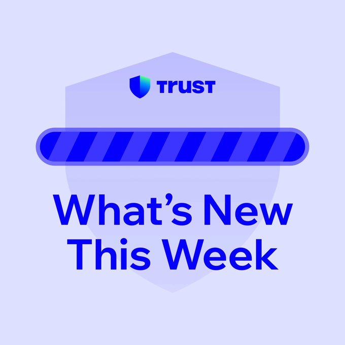 The image displays a graphic with the Trust Wallet logo and shield emblem at the top, along with the text "What's New This Week," serving as a header for an announcement about new features including card/Apple Pay crypto purchases via Moonpay, customizable wallets, and zero swap fees on SOL/wSOL.