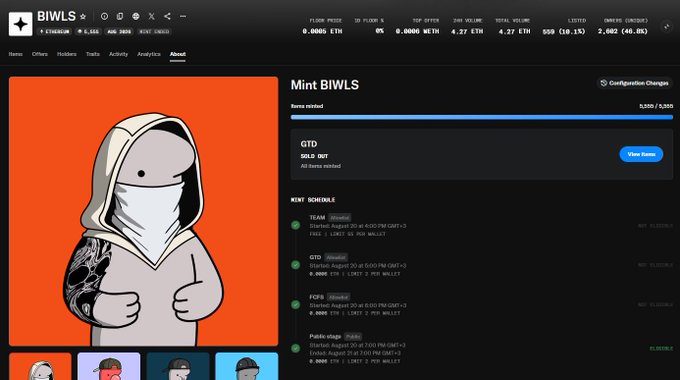 A screenshot of the BIWLS NFT website shows the 'Mint BIWLS' page with a 'SOLD OUT' status for the G1D collection, featuring a cartoon character with a white mask on an orange background.