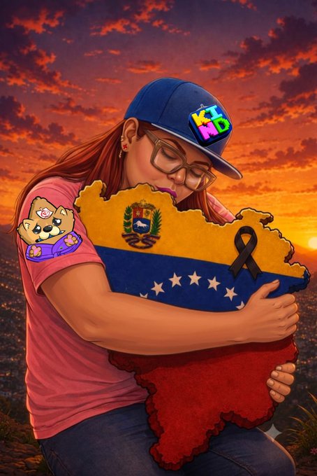 A stylized digital illustration of a girl wearing a cap with 'KID' on it and glasses, embracing a map of Venezuela filled with the Venezuelan flag colors and stars, featuring a black mourning ribbon, with a small Shiba Inu dog illustration on her sleeve, set against a dramatic sunset sky.