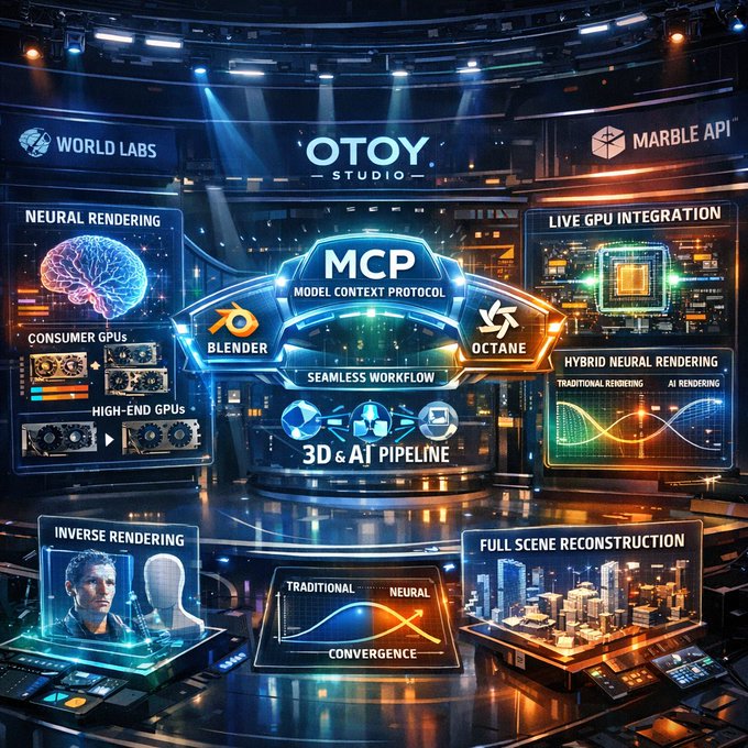 A futuristic digital billboard display promoting 'OTOY STUDIO' and featuring 'MCP MODEL CONTEXT PROTOCOL', 'BLENDER', 'OCTANE', 'WORLD LABS', and 'MARBLE API' alongside sections labeled 'NEURAL RENDERING', 'LIVE GPU INTEGRATION', and '3D & AI PIPELINE'.
