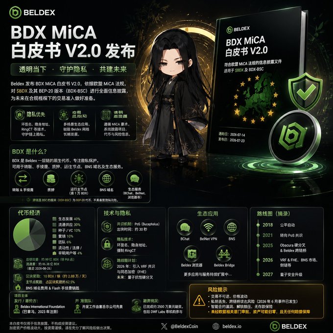 The image is a promotional infographic announcing the release of the **"BDX MiCA 白皮书 V2.0"** (BDX MiCA Whitepaper V2.0) by **Beldex (BDX)**. 

Key visible text includes:
- **"BELDEX BDX MiCA 白皮书 V2.0 发布"** (Released 2026-07-14, printed 2026-01-23)
- Tagline: **"透明当下 · 守护隐私 · 共建未来"** (Transparent Now · Protect Privacy · Build the Future)
- Details on **$BDX** and **$BDX-BSC** tokenomics, with pie chart showing distribution (生态发展 40%, 流通供应 30%, 种子/VC 10%, 营销 10%, 团队 6%, 流动性/法律/早期用户等 4%)
- Technical architecture featuring **PoS (BaconsPalus)**, **RingCT**
