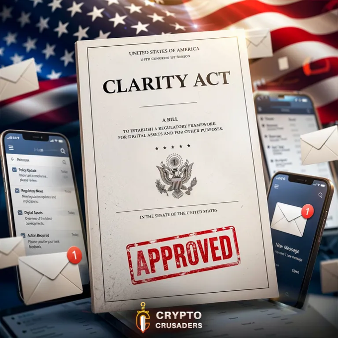 A "CLARITY ACT" bill document stamped "APPROVED" sits centrally before an American flag, flanked by smartphones showing overflowing inboxes and email notifications, visually representing the massive wave of over 1 million calls and emails sent to U.S. senators in support of the crypto regulation bill. The "Crypto Crusaders" logo and $XRP ticker at the bottom tie the grassroots advocacy push directly to the XRP community's rallying cry for the act to be signed into law.