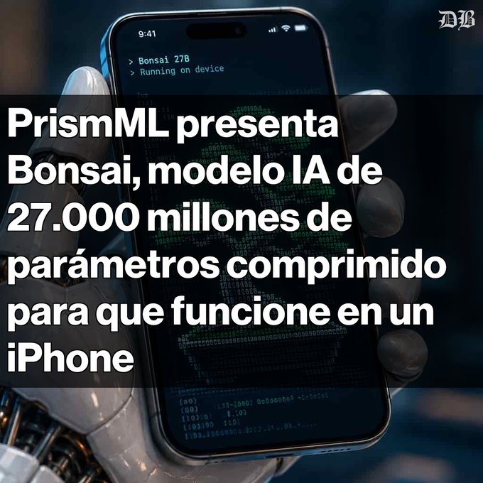 A news graphic shows a gloved hand holding a smartphone displaying 'Bonsai 27B > Running on device,' with Spanish text reading 'PrismML presenta Bonsai, modelo IA de 27.000 millones de parámetros comprimido para que funcione en un iPhone.'