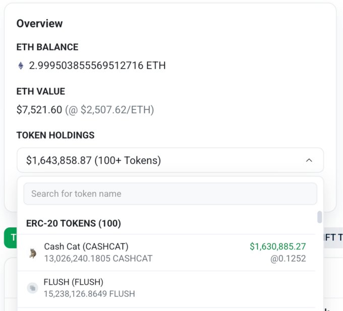 A crypto wallet overview shows 2.9995 ETH (~$7,521.60) and ERC-20 token holdings including 13,026,240.1805 CASHCAT valued at $1,630,885.27 (@$0.1252) and 15,238,126.8649 FLUSH, supporting the post's claim about a top $CASHCAT holder now accumulating the new $FLUSH token.