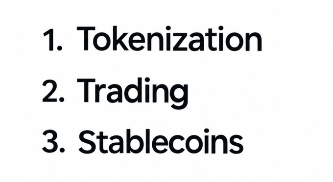 A simple numbered list displays '1. Tokenization', '2. Trading', and '3. Stablecoins' in black text on a white background.