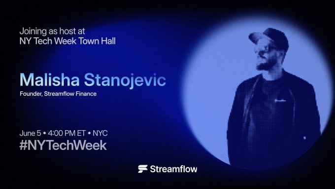 The image features a poster for an event at the NY Tech Week Town Hall. The poster includes a photo of a man wearing a baseball cap standing against a blue background with white text. The event's name is "Streamflow", and it appears that the focus will be on the operational layer of crypto products, such as vesting, locks, distributions, staking, and payouts for teams building on @solana At NY Tech Week.