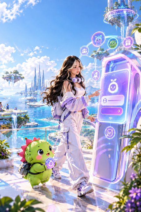 A digital illustration of an anime-style woman in white outfit standing next to a glowing purple futuristic terminal, with a small green creature beside her in a fantasy landscape.