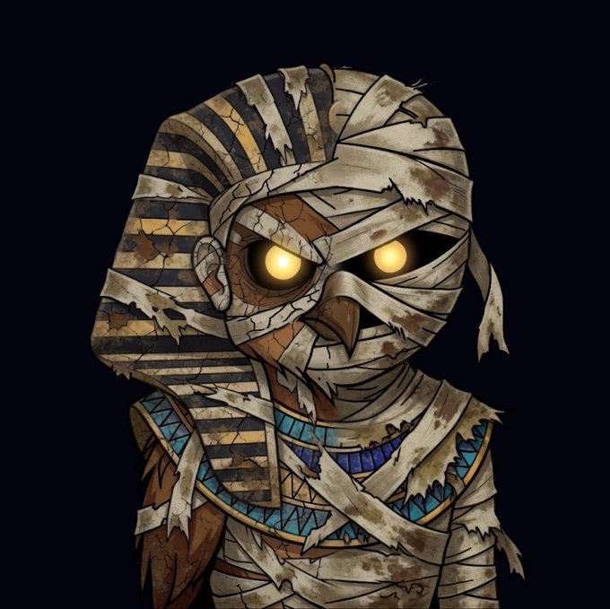 A digital illustration of an Egyptian pharaoh-like character wrapped in tattered mummy bandages, featuring glowing yellow eyes and ornate blue and gold Egyptian collar details.