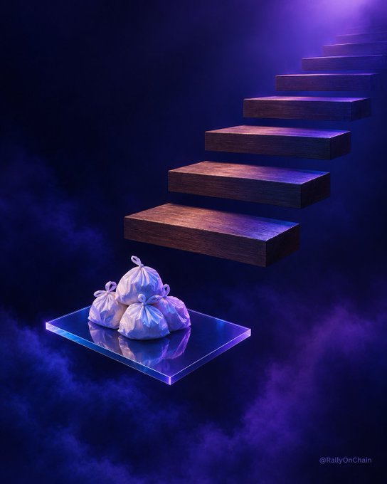 A stylized 3D illustration showing white bags on a glowing blue platform, with wooden stairs floating upward into a purple misty void, watermarked '@RallyOnChain'.
