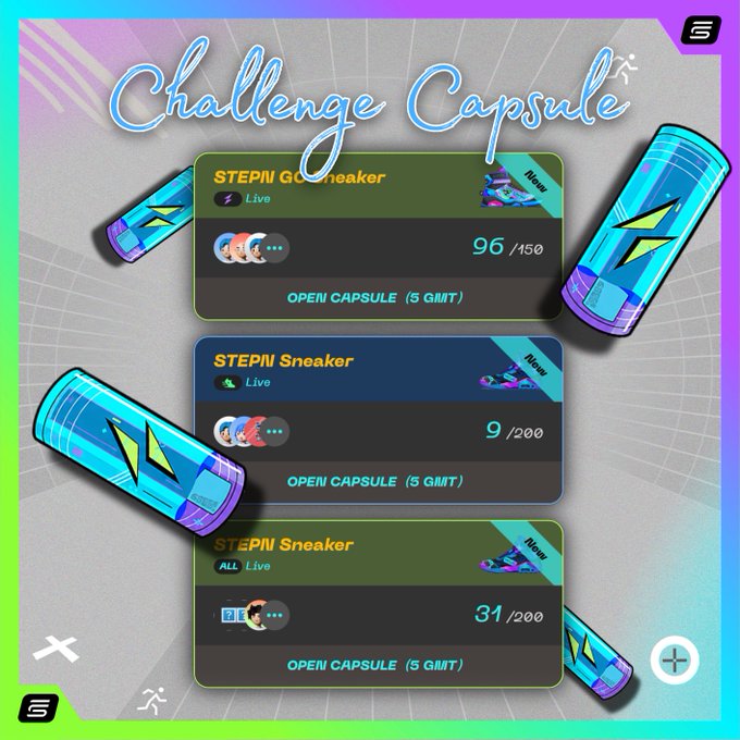 The image features three blue cans with purple text, each containing a different challenge from a video game called "StepN Capule". The first can has the word "Open" written on it, while the other two cans have "Capsule" written on them. The image also includes a caption that reads: "Beta Test Time for #STEPN Challenges (for beta testers) Log in to your FSL ID Select the Challenge Capsule app Choose a capsule according to your wishes #STEPN or #STEPNGO Start the tests".