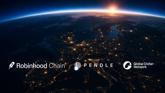 A view of Earth from space at sunset over Europe, featuring logos for 'Robinhood Chain', 'PENDLE', and 'Global Dollar Network'.