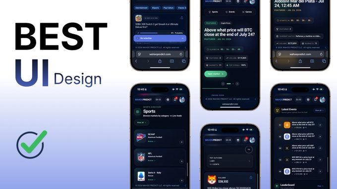 The image showcases the UI design of the Wahoopredict app, featuring screens displaying sports categories like NFL, MLB, and soccer, along with prediction markets for events such as "Above what price will BTC close at the end of July 24?" and a $20,000 barrier trade. It visually reinforces the post's claim about the platform being user-friendly, with a clean dark-themed interface tailored for beginners in prediction trading.