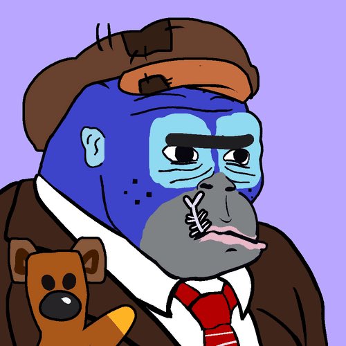 A cartoon-style drawing of a blue-faced gorilla or ape character dressed in a brown suit with a red tie and orange cap, holding a small brown teddy bear against a purple background.