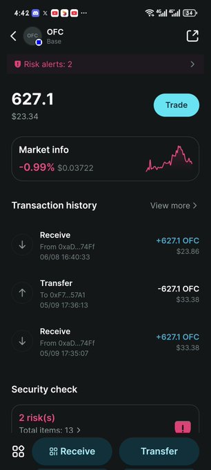 In the image, there's a screenshot of an app on a cell phone displaying stock trading information. The app indicates that the transaction status is "Receiving Transfer", and the value has been set at $61.81. This could be for a trade or investment in a specific company. The post shows appreciation for user feedback with a thumbs up, suggesting that users find the app helpful or reliable in managing their stock trading activities. A small note at the bottom of the image reads "Thank you @ofc_the_club Real King $OFC". This could be an acknowledgment from the developer to the users who have sent positive feedback on the app.