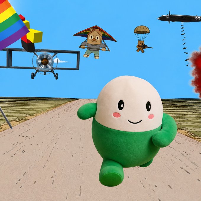 The image features a green, smiling stuffed animal character running down a road with other characters such as a plane, parachute, and soldier flying above them. The caption reads "time to leave the bs behind", which suggests that the scene might be related to an event or situation where people are leaving their belongings behind.

The image is part of a larger collection of images featuring various characters and objects, including a rainbow flag, airplane, parachute, soldier, and a road with a car on it. The post also includes a link to a website for the "time to leave the bs behind" movement.