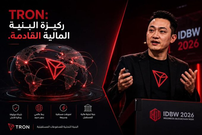 The image is a promotional graphic for TRON featuring founder Justin Sun speaking at IDBW 2026 (Indonesia Blockchain Week), with Arabic text "TRON: ركيزة البنية المالية القادمة" (TRON: The Cornerstone of the Coming Financial Infrastructure) and Arabic tagline "العملة المستقرة للمدفوعات المستقبلية" (The Stablecoin for Future Payments), alongside icons highlighting TRON's achievements including over 100 million users, leading global public chain, and pioneering stablecoin reserves.