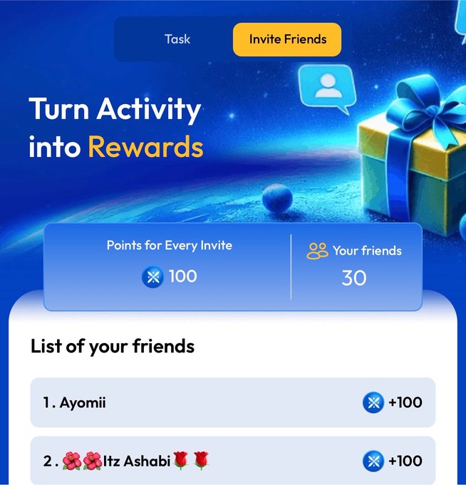 An "Invite Friends" screen for Teqoin shows "Turn Activity into Rewards" with 100 points per invite, 30 friends invited, and a list featuring Ayomii and 🌺🌺Itz Ashabi🌷🌷 each earning +100 points. The image directly supports the post's claim of inviting 30 people while highlighting the daily check-in, task completion, and referral system to earn TePoints ahead of the $TEQOIN launch.
