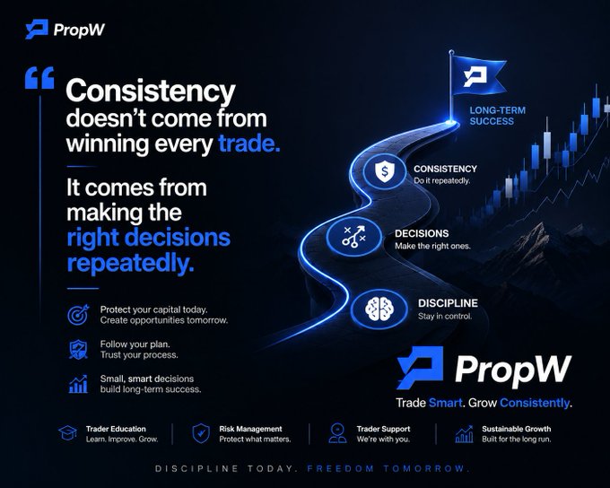 A dark blue promotional graphic from PropW features a mountain path leading to a flag labeled "LONG-TERM SUCCESS," with milestones for Discipline, Decisions, and Consistency, alongside the quote "Consistency doesn't come from winning every trade. It comes from making the right decisions repeatedly," reinforcing the message that disciplined risk management and strategic consistency—not chasing wins—are the true foundations of trading success.