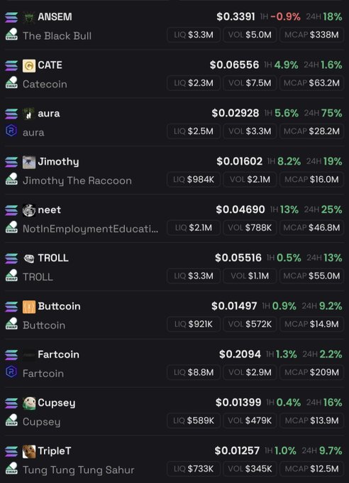 A cryptocurrency price tracker displaying various meme coins including ANSEM ($0.3391), CATE ($0.06556), aura ($0.02928), Jimothy ($0.01602), and TripleT ($0.01257) with their market caps and 24-hour changes.