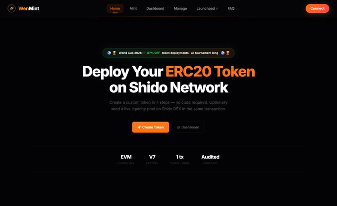 A website screenshot for 'WenMint' with the navigation tabs 'Home', 'Mint', 'Dashboard', 'Manage', 'Launchpad', and 'FAQ', featuring the main text 'Deploy Your ERC20 Token on Shido Network' and an orange 'Create Token' button.