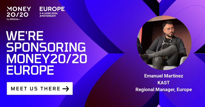 The image features a man sitting down in front of a purple background that says "We're supporting money20/20 Europe". The man appears to be wearing a black shirt, and he has his legs crossed while looking at the camera. In the bottom right corner of the image, there is text that reads "@KAST xyz will be sponsoring Money20/20. If you want to chat with us, come by our booth. See you in Amsterdam!".